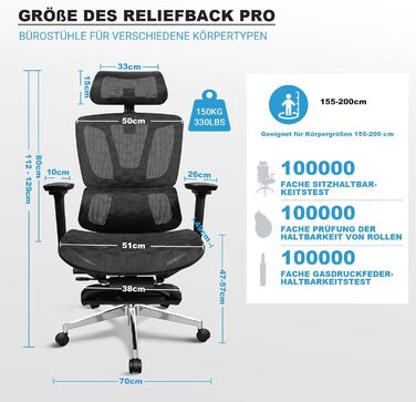 Ергономічне крісло для офісу, 4D підлокітники, регульована глибина сидіння, 4-ступеневий нахил, гумові колеса, сітчаста сидіння, висока спинка, для великих людей, Homeoffice & Gaming, ергономічне крісло для робочого столу (Чорний – з підставкою для ніг, с