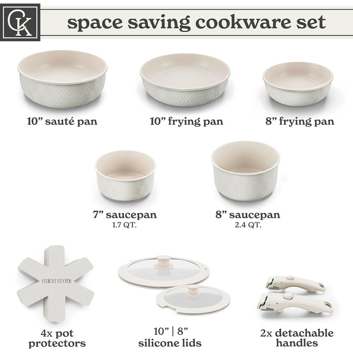 Набір посуду Rhombus 13 предметів: каструлі та сковорідки з антипригарним покриттям, знімні ручки, для кухні, кемпінгу, духовки (кремовий)