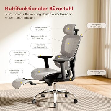 Ергономічне офісне крісло Voll-Mesh з підголівником, підставкою для ніг, регульованою спинкою, підлокітниками, саморегульованою поперековою підтримкою, PU-колесами, поворотним на 360°, навантаження до 150 кг, (Світло-сірий)