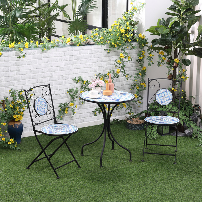 Набір бістро Outsunny Garden Seating Group на 2 особи Ø 61 см з 1 столом і 2 складними стільцями зі сталі в синьому кольорі