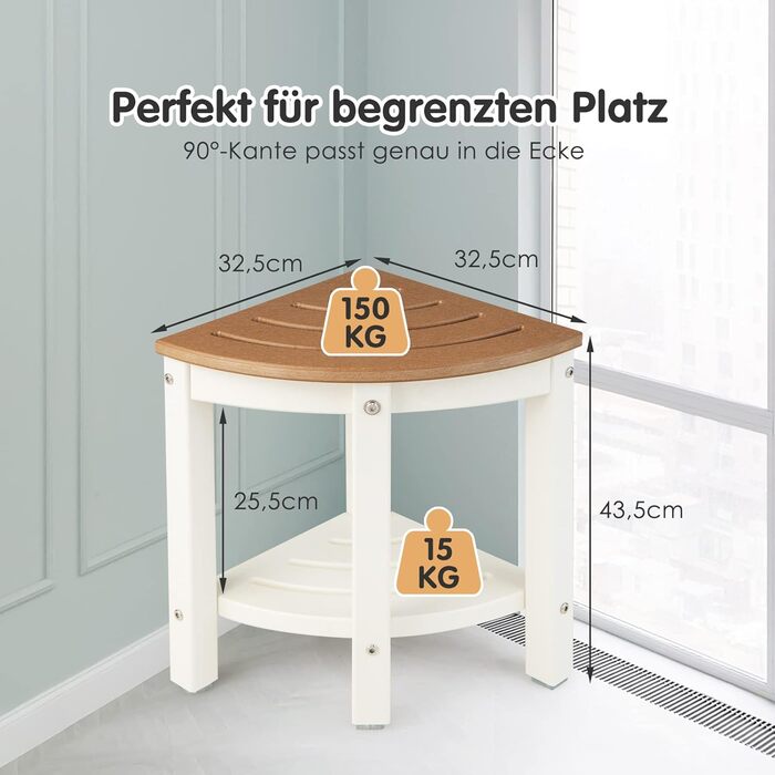 Лавка для душу Costway з поличкою, коричнево-біла, 32.5x32.5x43.5 см, до 165 кг