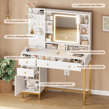 Трюмо AOGLLATI з розеткою, LED-підсвічуванням, регульованою яскравістю, шухлядами та полицями. Косметичний столик зі дзеркалом (білий)