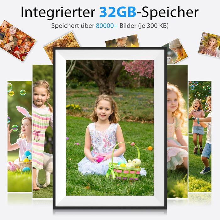 Цифрова фоторамка Frameo 10.1 дюймів WLAN, Full HD IPS сенсорний екран 1280x800, 32GB пам'ять, автоматичний поворот, можливість монтажу на стіну, керування через додаток Frameo (Чорна з білою рамкою)