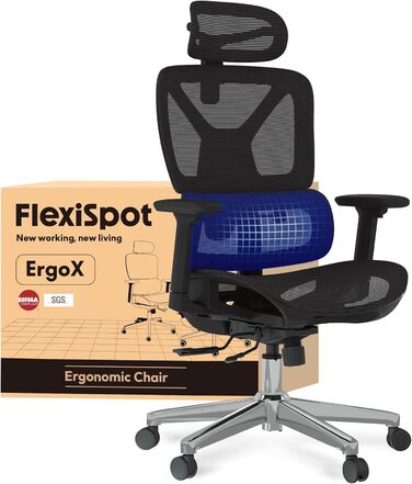 Офісний стіл ErgoX FLEXISPOT: ергономічний крісло з 3D підлокітниками, 3D-підголівником, 5D спинкою, дихаючим сидінням, до 130 кг (Чорний, Lite)