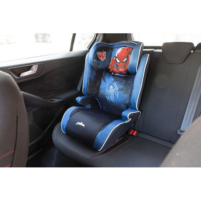 Автокрісло Marvel Spiderman з кріпленням ISOFIX для безпеки дитини зростом від 100 до 150 см з зображенням супергероя Людини-павука на синьому тлі