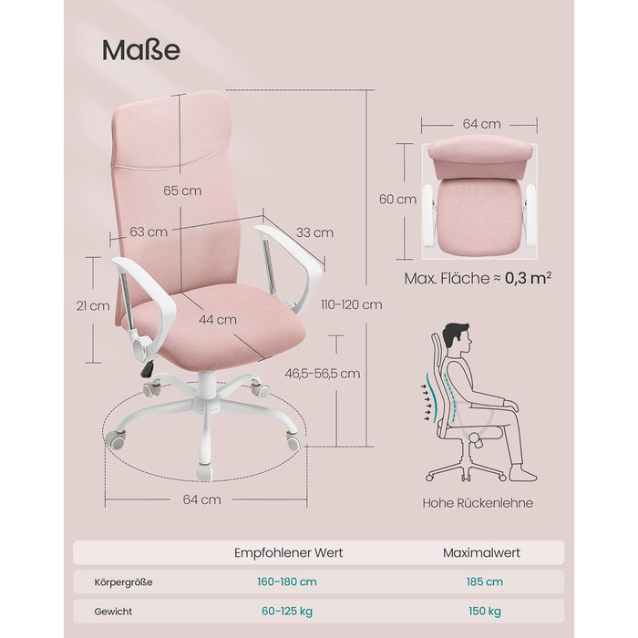 Ергономічне офісне крісло SONGMICS, регульоване по висоті, відкидне, з м'якою оббивкою, до 20 кг, пастельно-рожевий