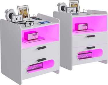 LED тумба Gurexl, комплект 2 шт., з USB Type-C зарядкою, 24-рівневе димування, сенсор, 2 шухляди, глянцева, для спальні, біла