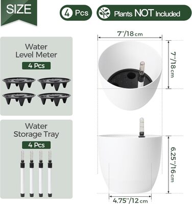 Набір горщиків для квітів T4U 15см з автополивом та індикатором рівня води, 4 шт. Горщики для квітів, вазони для дому та саду (білі, 18.5*16см)