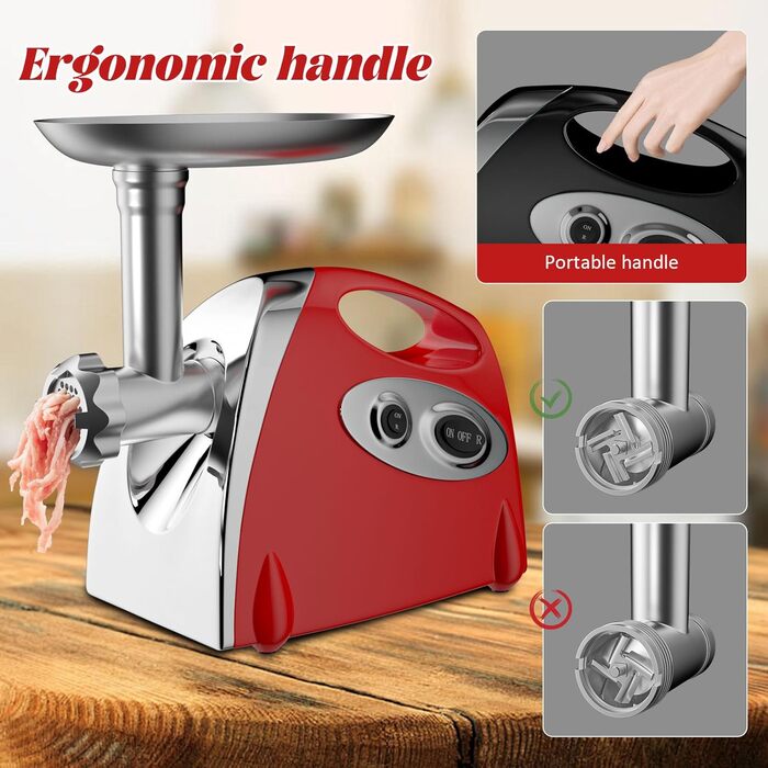 Електрична м'ясоподрібнювач Fleischwolf 2800W, 3 диски, з насадкою для ковбаси, потужність 2800 Вт, швидкість подрібнення 1,5 кг/хв (червоний)