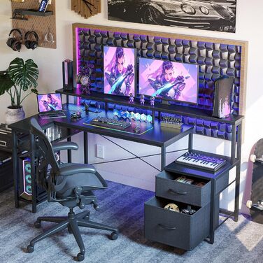 Кутовий стіл BEXEVUE з розетками та LED-підсвіткою, 150x80 см. Сучасний кутовий стіл з 2 висувними ящиками, регульовані полиці, великий підставкою для монітора, для роботи, навчання та геймінгу. Чорний колір.