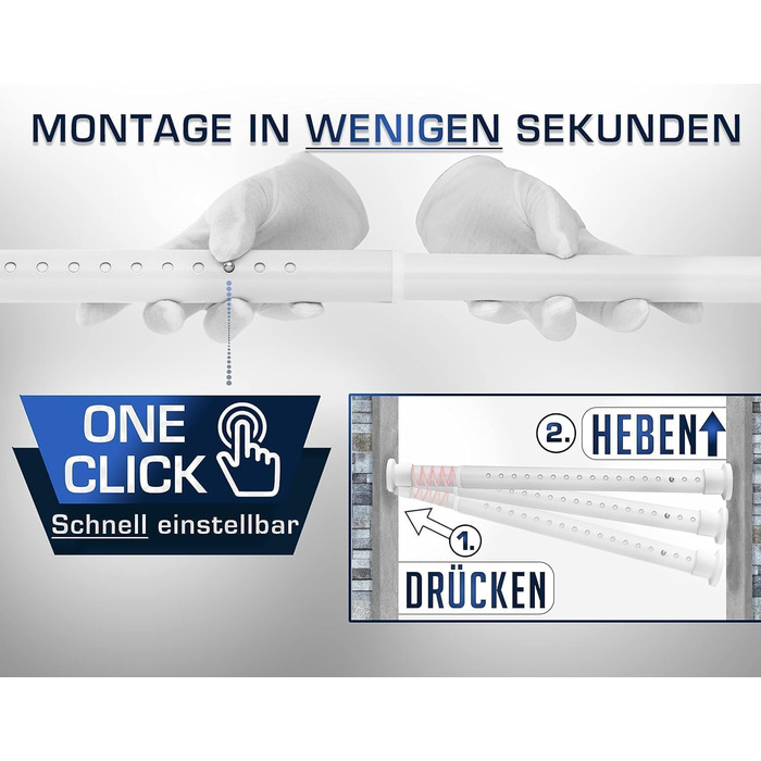 Штанга для душу без свердління 160-210 см, біла, діаметр 32 мм, з кріпленнями - для ванної, кухні та міжкімнатних дверей