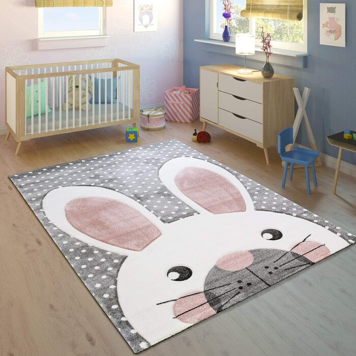 Дитячий килимок Paco Home Контурний виріз для дитячої кімнати Cute Bunny Grey Cream Pink, Розмір Ø 120 см Круглий