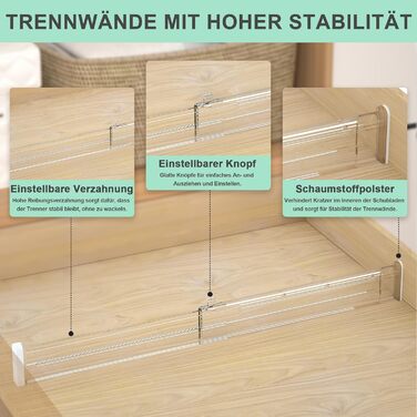 FUNIZE Регульовані роздільники для ящиків з вставками, 8 шт., роздільники 32-58 см + 16 шт. вставок 9-18 см, органайзер для ящиків, кухня, спальня, офіс, прозорий, 6 см висота