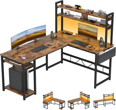 Ігровий стіл Devoko з підсвічуванням LED, 160x120 см, з розетками та USB, вінтажний коричневий. Комп'ютерний стіл з місцем для зберігання для геймерів та дому