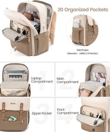 Жіночий рюкзак LOVEVOOK 15.6 дюймів: водонепроникний, для ноутбука, універсальний, для роботи, навчання, подорожей, бежевий/коричневий