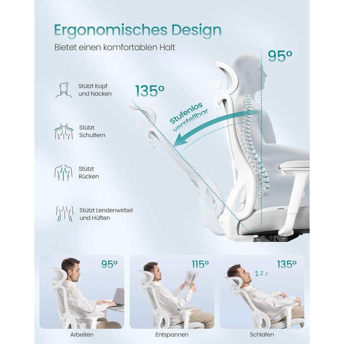 Офісний стіл SONGMICS, ергономічне крісло, комп'ютерне крісло, регульована поперекова та підголовна підтримка, до 150 кг, регульована висота, Taubengrau (сірий голуб) OBN066GD01