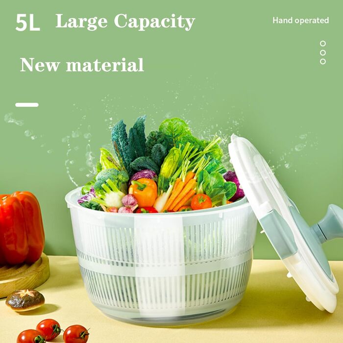 Салатниця-сушарка 5 л з кришкою, стійка до падінь та високих температур, для салатів, овочів та фруктів, безпечна, для вегетаріанців, придатна для миття в посудомийній машині