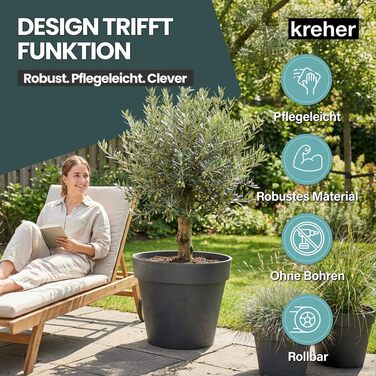 Круглий горщик для квітів Kreher XXL з колесами, діаметром 58 см, антрацит