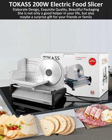 Електричний слайсер 200W з нержавіючої сталі - кухонний слайсер для м'яса, сиру, хліба та ковбаси, регулювання товщини шару 0-15 мм, 2 леза