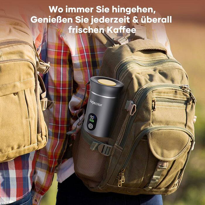 Портативна кавомашина Espresso Kejector з акумулятором: для дому, в подорожах, в авто. 3-в-1: кава, еспресо, капсули. Digital display, металевий сірий.