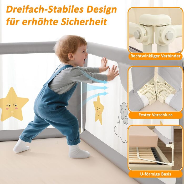 Бортики для ліжка дитячі 3 шт. (2x200 см + 1x180 см) складані, захист від випадання, малюнок - слоники