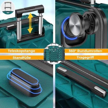 Набір валіз KESSER з 4 предметів, жорсткий корпус ABS, кодовий замок, ваги для багажу та дорожня сумка, колеса 360°, колір Petrol