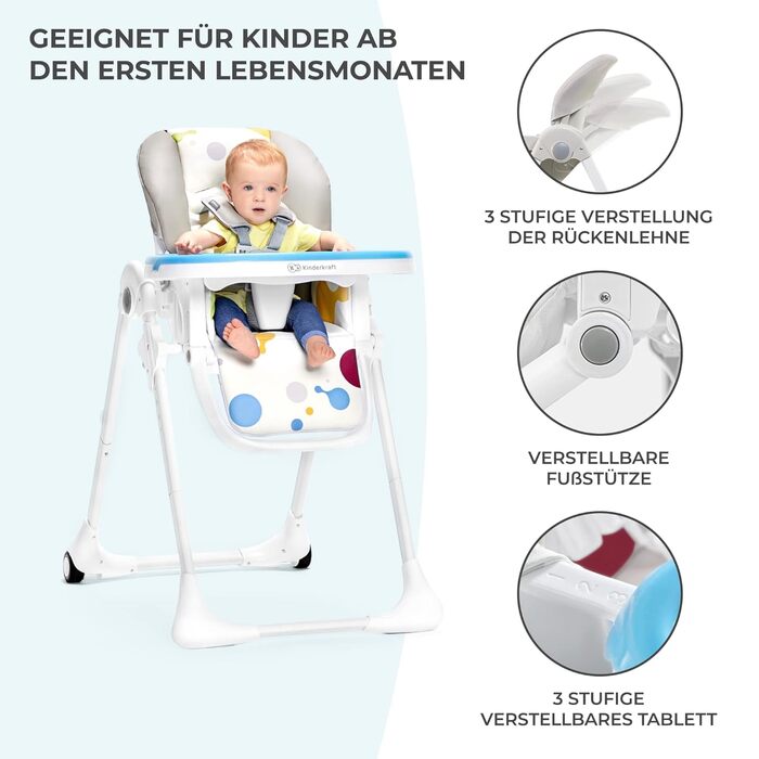 Дитячий стільчик Kinderkraft Yummy Single - сірий, для годування, від народження, регульована підніжка, PU обтяжка, легко миється