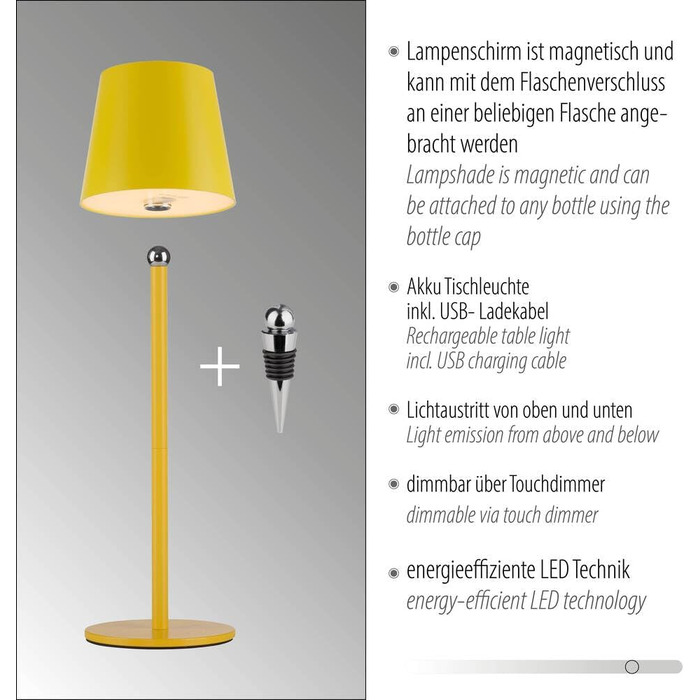 LED настільна лампа SellTec на акумуляторі, USB, біла, диммувана, IP54 для саду, кемпінгу, балкону, тераси (жовта)