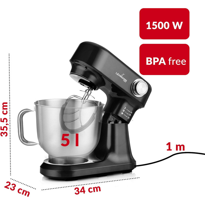 Кухонна машина Lehmann - планетарний міксер з набором аксесуарів - 3 насадки, захист від бризок, 5л чаша, 12 швидкостей, захист від перегріву, неслизька, чорний