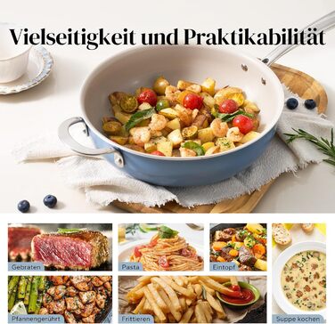 Сковорода Redchef 28 см з кришкою, антипригарне покриття, керамічна сковорода для індукції, з нержавіючою ручкою, без PTFE, PFOA, PFAS, для духовки, придатна для миття в посудомийній машині (Блакитна)