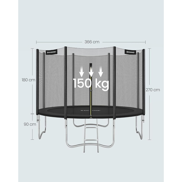 Батут SONGMICS вуличний Ø366 см з захисною сіткою, драбиною та м'якими стійками, чорний