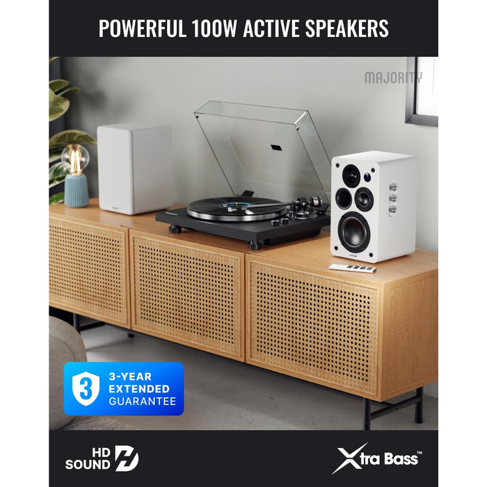 Активні Bluetooth-колонки Majority D100X 100W, вуглецеві драйвери, HDMI ARC, RCA, Optical, Phono, AUX, білі