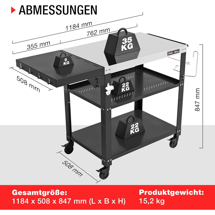Мобільний сервісний візок для гриля з 3 рівнями, відкидним столиком та поворотними колесами на 360° з гальмом – багатофункціональний гриль-стіл з нержавіючої сталі для барбекю та саду