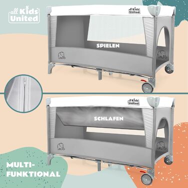 Дитяче ліжко-манеж All Kids United® для подорожей з матрацом, пеленальним столиком, музичним провідником та мобілем (сірий)