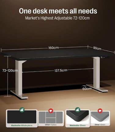 Регульований стіл MAIDeSITe S2 Pro (160x80 см) - електричний, з підняттям, чорний каркас, білий стіл, 160 кг, з захистом від зіткнень