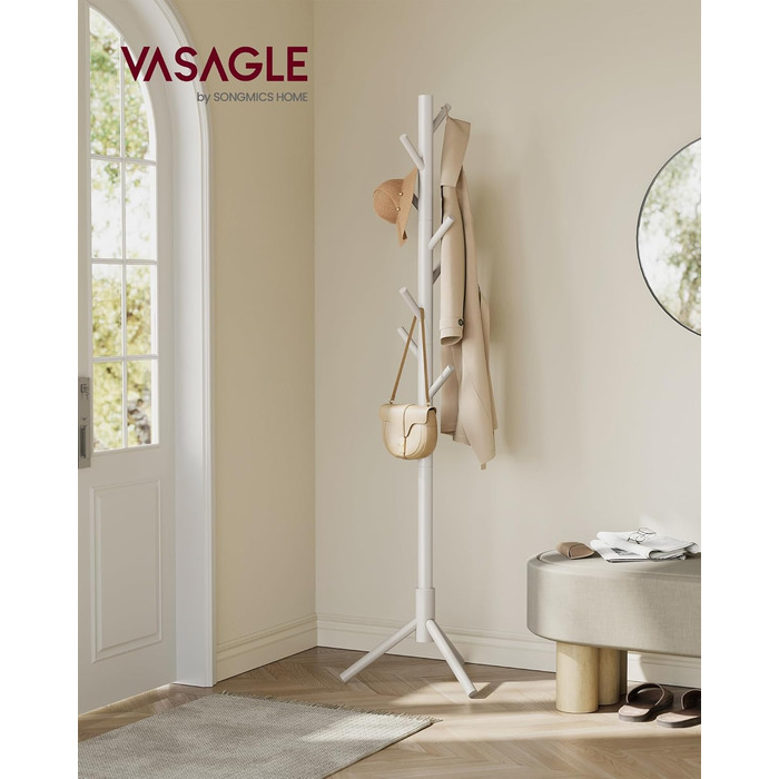 Стійка для одягу VASAGLE з масиву дерева, вішалка для одягу у вигляді дерева, 8 гачків, 3 регульовані висоти, для одягу, капелюхів, сумок, вітальня, спальня, офіс, RCR04GY (Cappuccinobeige)