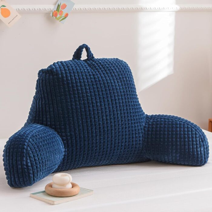 Лежанка для читання Nice Night, подушка-валик, велика, для дорослих та дітей, спинка з підлокітниками, підтримка спини для відпочинку та сну в ліжку/на дивані, вафельний візерунок, стереоскопічний дизайн (Темно-синій, Large)