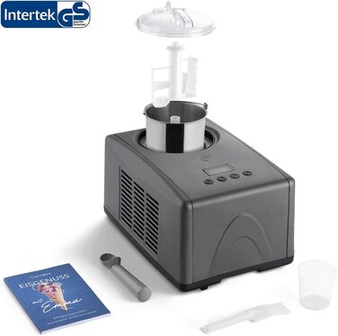 Електрична морозивомашина Springlane 1.5L з самоохолоджуючим компресором 150W, з нержавіючої сталі, знімний контейнер для льоду, рецептурник (Антрацит, Emma + 2 сірі контейнери для зберігання)