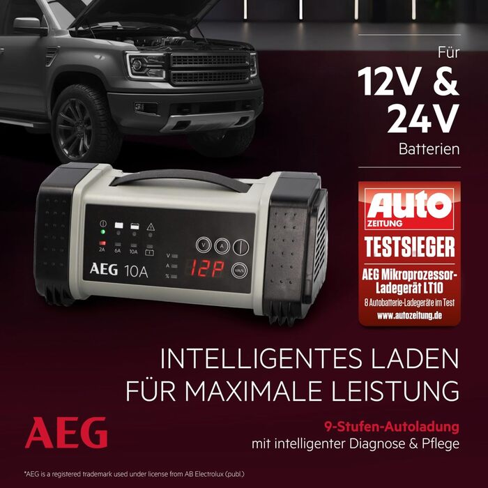 Зарядний пристрій акумуляторів AEG LT 20, 20A для 12/24V авто, 9-ступінчатий, Power Supply, інтелектуальна зарядка, автоматична компенсація температури, чорний/сірий