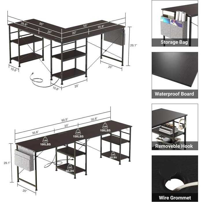 Ігровий кутовий стіл L-подібної форми з LED-підсвічуванням та розетками, 140x140 см, реверсивний комп'ютерний стіл з підставкою для монітора, 4 полиці та бічні кишені для дому та офісу (Чорний, 140x140x74 см)