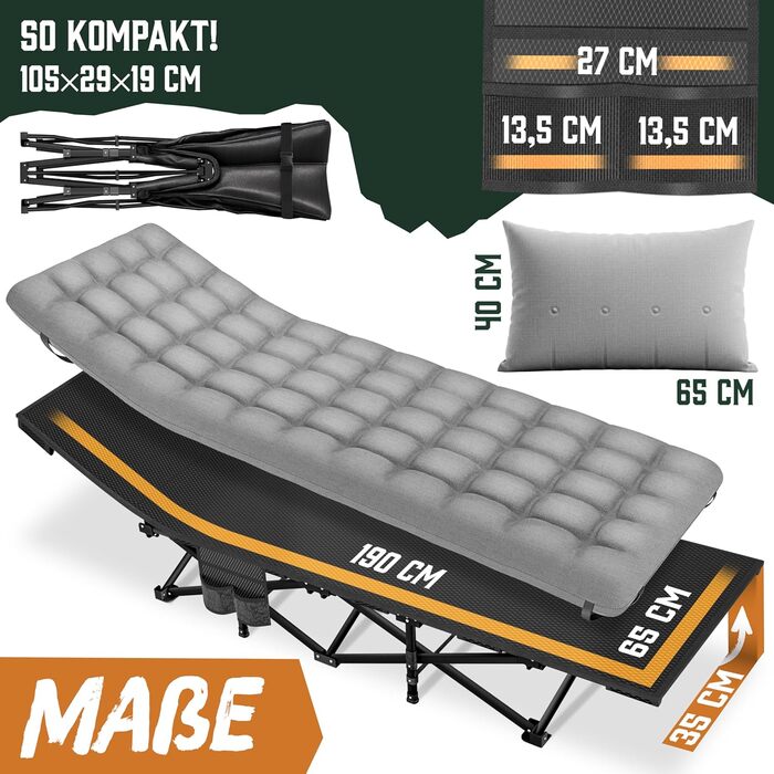 Розкладне туристичне ліжко ELONEO NEU з преміум-матрацом, витримує до 200 кг, з сумкою для транспортування, сіре