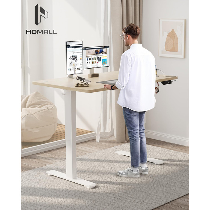 Електричний стіл Homall 120x60 см з регулюванням висоти, з 4-секційною стільницею, пам'яттю, білий + бежевий