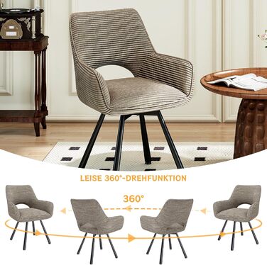 Набір обідніх стільців 4 шт. поворотні 360°, з підлокітниками, металеві ніжки, для кухні/обідньої кімнати, з м'якою оббивкою з велюру, бежеві (1 шт. поворотний, 1 шт. тауп)