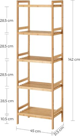 SONGMICS Regal Bambus, 5 поличок, 31.5 x 45 x 142 см, для ванної, кухні, вітальні, спальні, балкону, натуральний колір + білий