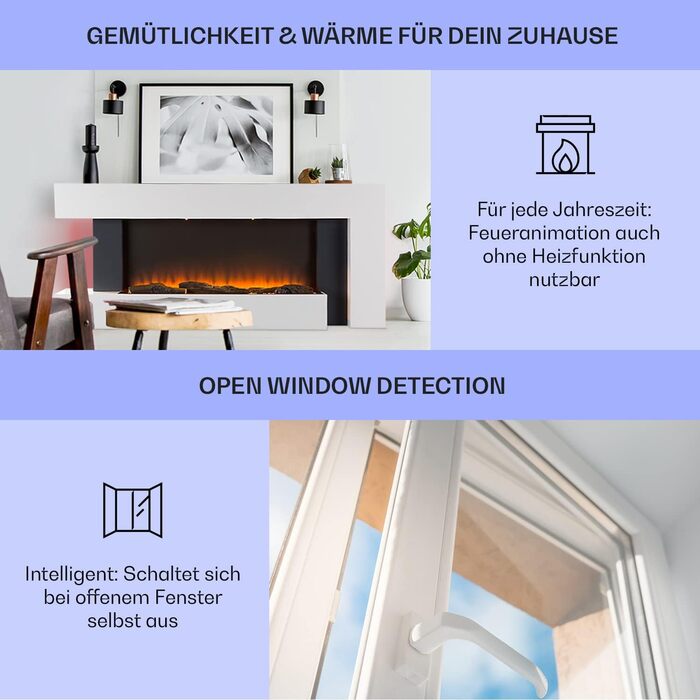 Електрокамін Klarstein Light & Fire 2 Smart з LED-полум'ям, 2000 Вт, настінний, з пультом та таймером, білий, економний, корпус MDF