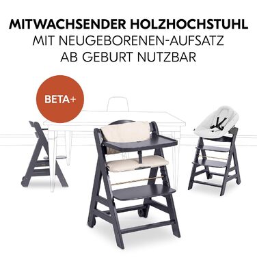 Високий стільчик для годування Hauck Beta+ Newborn Set Premium Dark Grey - комплект для новонароджених, з підставкою для ніг, м'яким сидінням та підносом - сірий колір