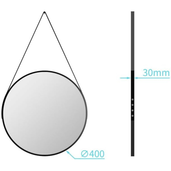 Круглий дзеркало Boromal Schwarz діаметром 40 см з реміннем, велике кругле дзеркало для ванної кімнати, спальні, вітальні, передпокою, з підвішуванням на стіну, з шкіряним реміннем