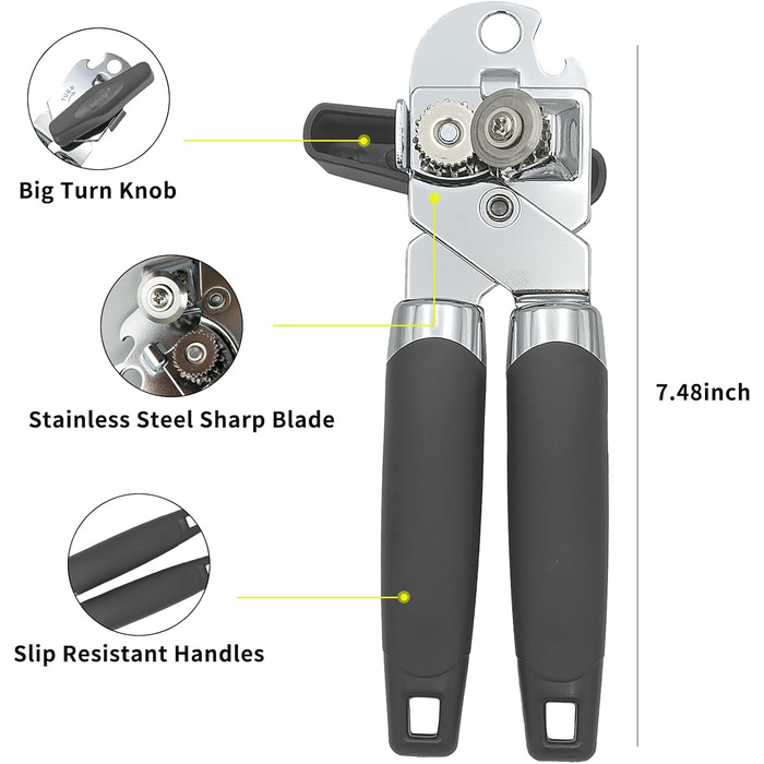 Відкривачка для консервів ручна, з нержавіючої сталі, з зручною ручкою та гострою лезою, багатофункціональна (сіра)