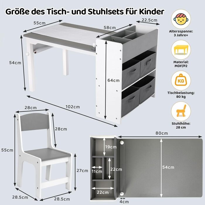 Дитячий стіл Mamizо з 2 стільцями, стіл для малювання та рукоділля, комплект меблів у дитячу кімнату, ігровий стіл з місцем для зберігання для дітей від 3 років (сірий, білий)