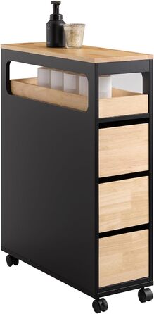 Шафка для ванної кімнати SoBuy з колесами, вузька шафка з 3 висувними ящиками, компактна тумбочка з дерева, навісна шафка для маленьких ванних кімнат, туалетів та кухонь, біла, 65x23x82 см, BZR54-W (чорний)